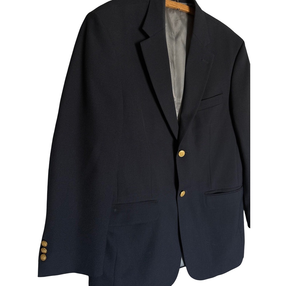 Stafford Mens 46R Navy Blue Hopsack Blazer Gold Buttons Two Button‎ Sport Coat